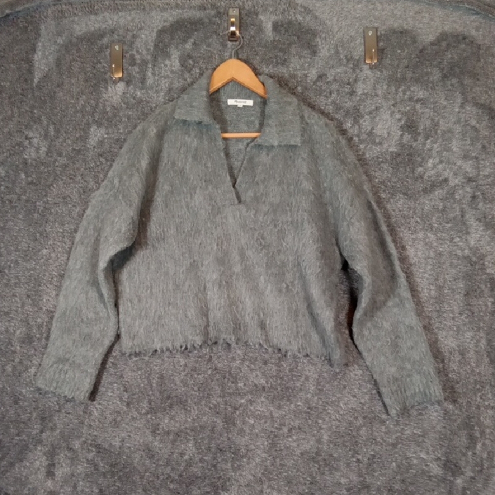 Madewell Brushed Polo Sweater Heather Pewter Shaggy Fuzzy Womens Small